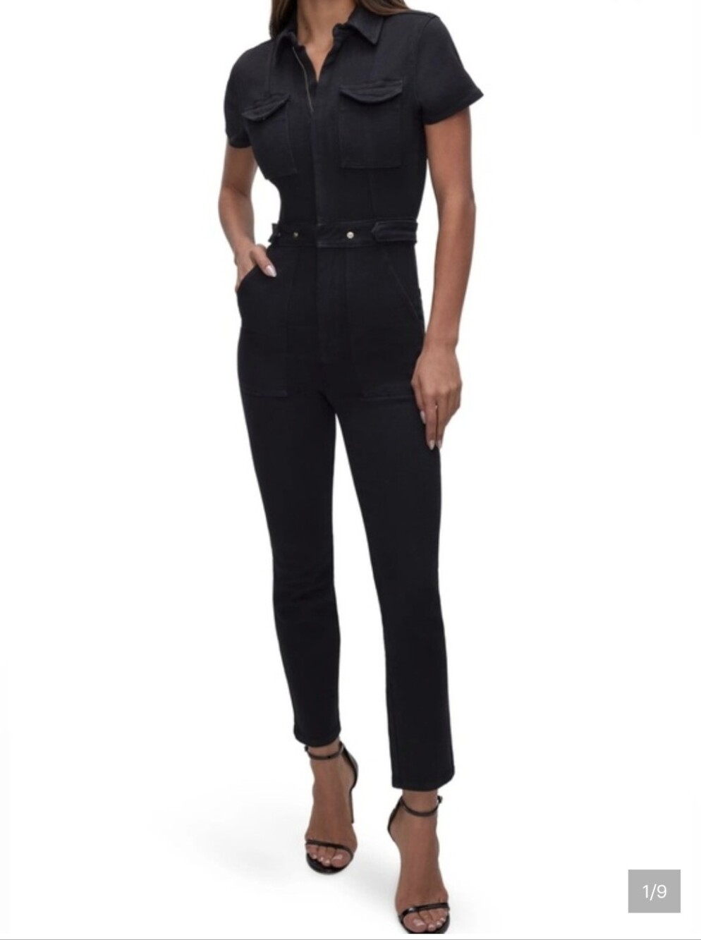 GOOD AMERICAN Fit for Success Jumpsuit Women's Black Denim Utility Snap Chic NWT